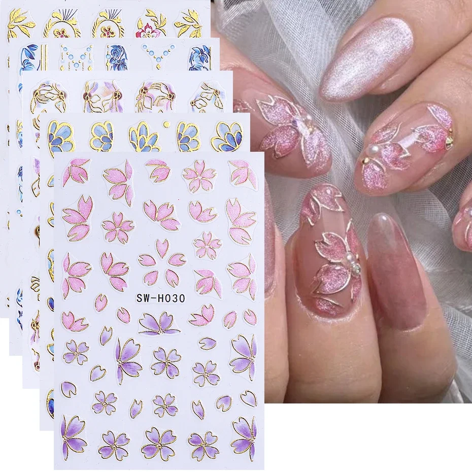 

Набор из 5 наклеек для ногтей с золотой нитью и цветами, 3D-наклейки с золотистыми краями, лепестками и листьями сакуры, самоклеящиеся стикеры для DIY-декора ногтей