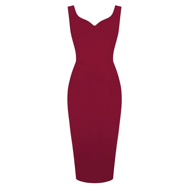 2024 New Sexy Sweetheart Neck Sleeveless Office Midi Pencil Dresses for Women\'s Y2K Vintage Red Solid Elegant Slim Bodycon Dress