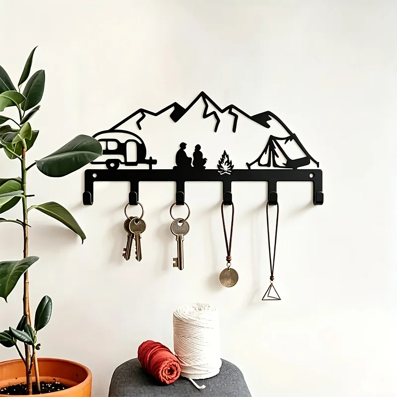 CIFBUY Mountain Camping Iron Wall Art Metal Key Rack Decor for Home Entryway RV Tent Outdoor Adventure Vintage Wall Decor