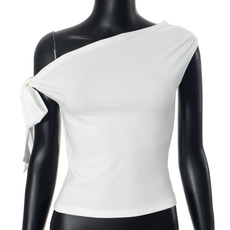 2025 Women'S Summer Ins Style New Shrink Pleated One-Shoulder Crop Top Backless Twist Tie Asymmetric T-Shirt Casual Top, image 8