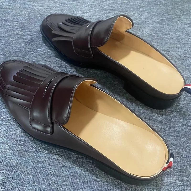 Britse Stijl Mode Zomer Halve Schoenen Voor Mannen Handgemaakte Kwastjes Loafers Slip Op Leren Schoenen Heren Flats Slippers Vrijetijdsschoenen