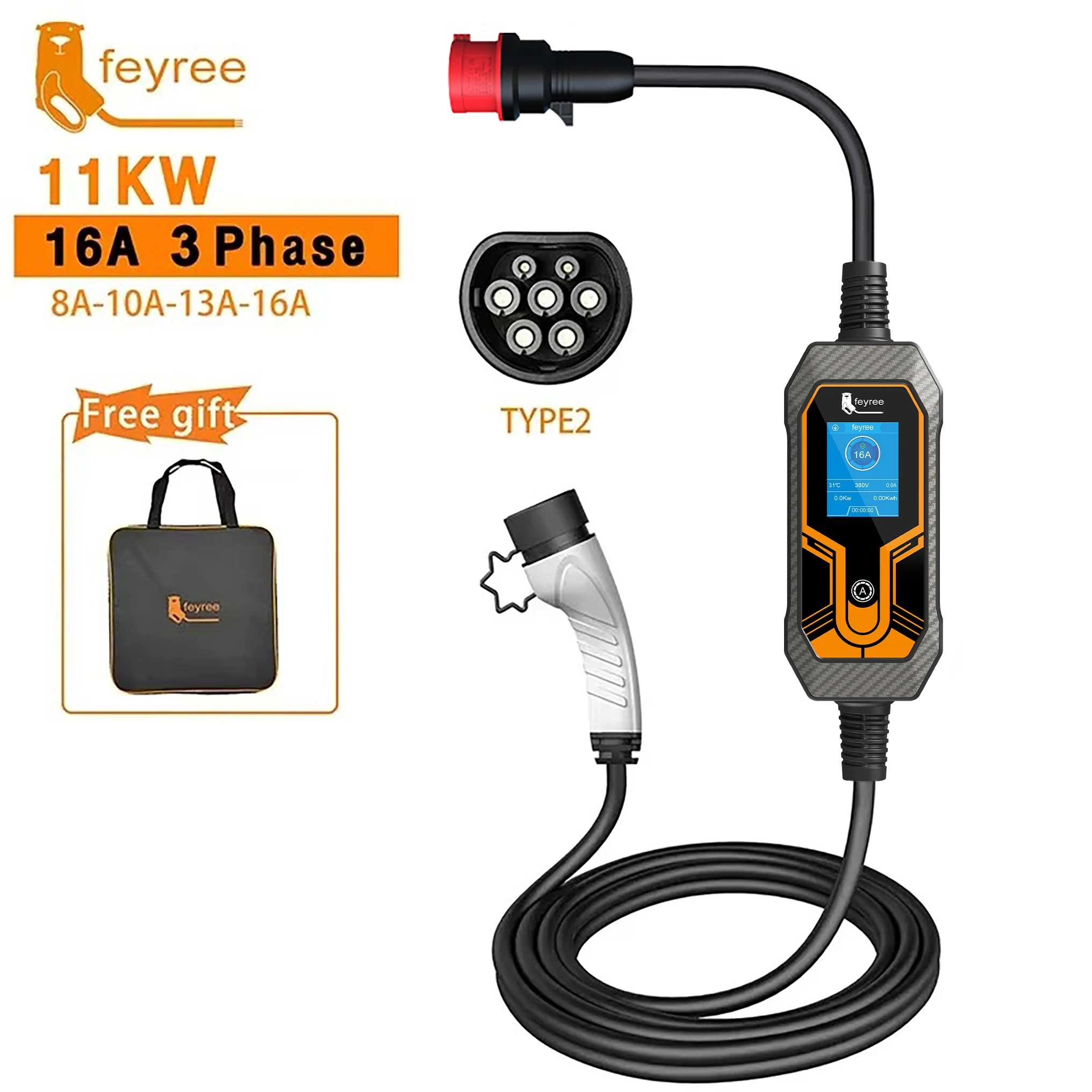 Feyree 11KW 16A EV Charger แบบพกพา Type2 EVSE กล่องชาร์จไฟฟ้ารถ Charger CEE ปลั๊ก IEC62196-2 ไฟฟ้า Charger