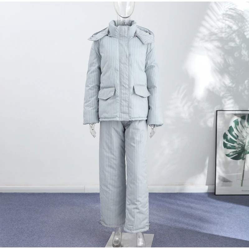 Elegant Printed Cotton Jacket Trouser Women's Set Hooded Thicken Zipper Coat Straight Pants Loose Lady 2026 Winter Autumn Suit