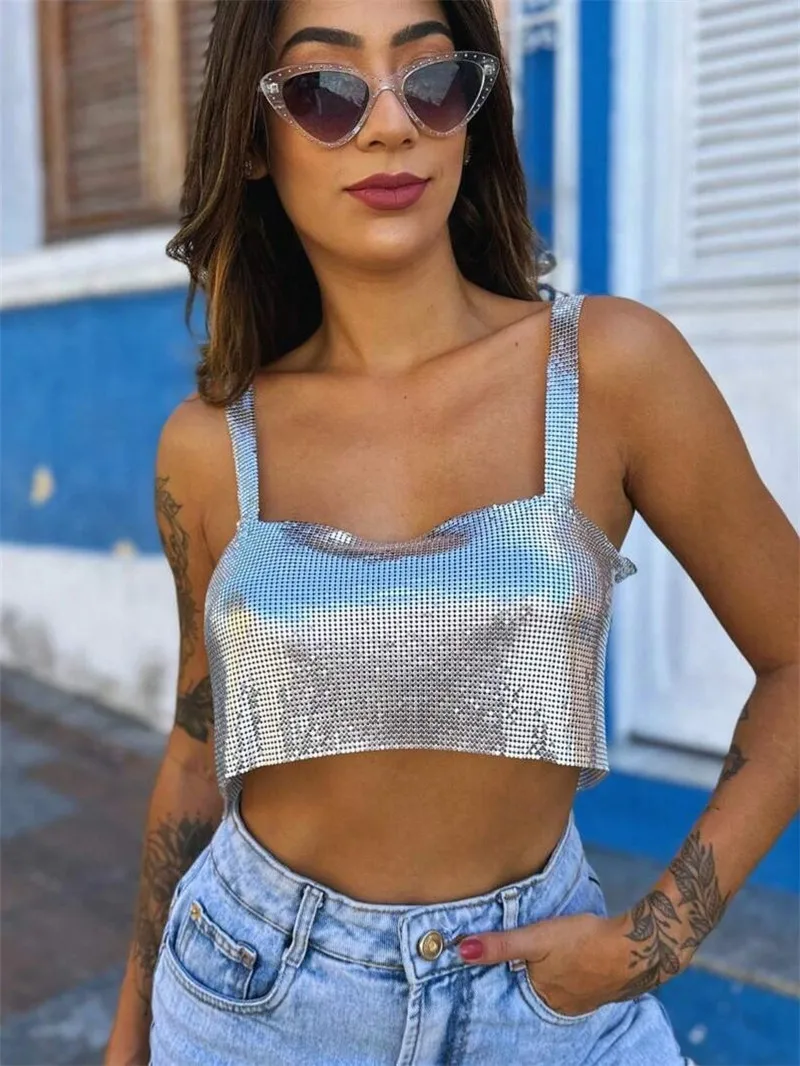 

FestivalQueen женские топы на бретелях с металлическими блестками, блестящий укороченный топ, сексуальный прозрачный топ с открытой спиной на тонких бретельках, монохромный ночной клуб