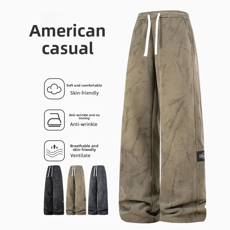 2025 خريف شتاء جديد بلون فضفاض صالح تنوعا الرجال واسعة الساق سراويل تقليدية كسول نمط مستقيم الساق رياضي سراويل طويلة