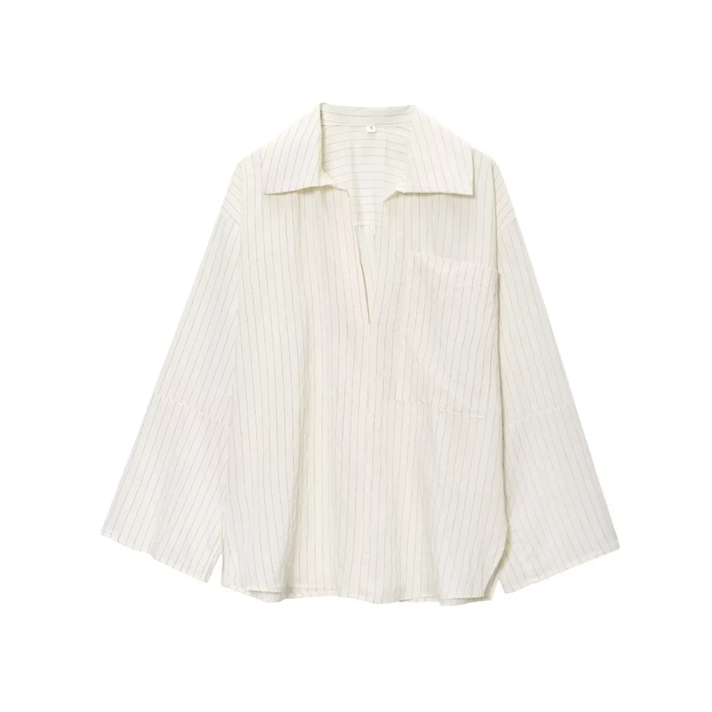 

Women's New Product: Simple Patch Bag Decoration, Striped Split Collar Long Sleeve Single breasted Shirt Top