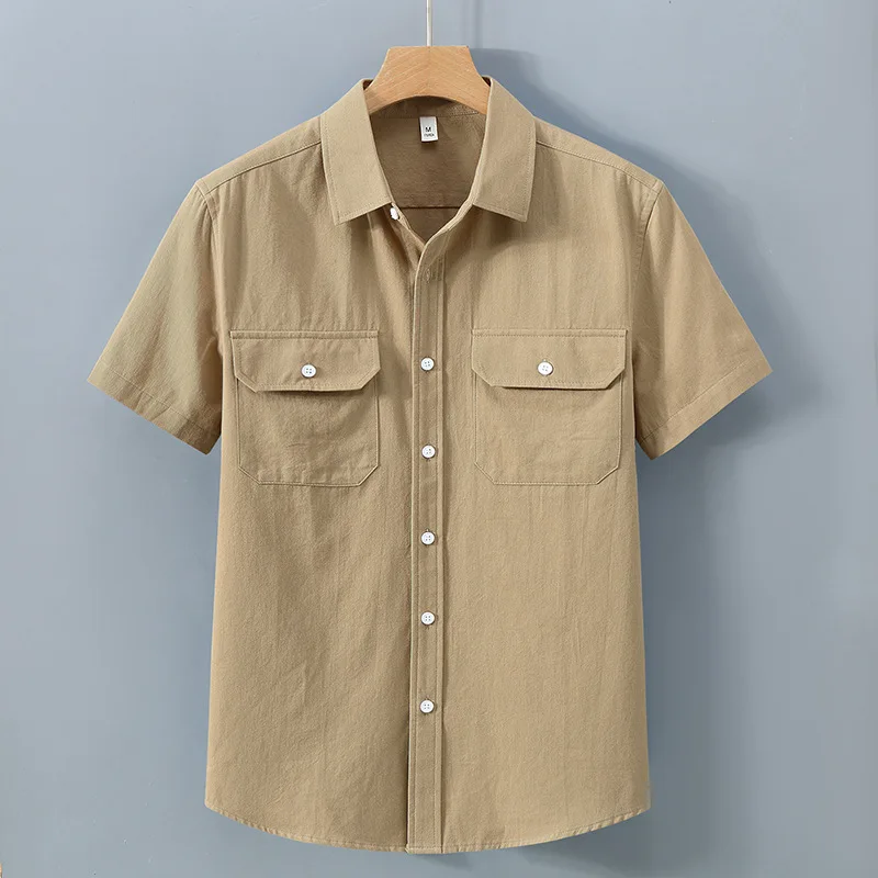 Men's Cotton Short Sleeve Casual Shirt Fashion Double Pocket Single Breasted Summer Beach Shirt Lightweight Breathable Blouse