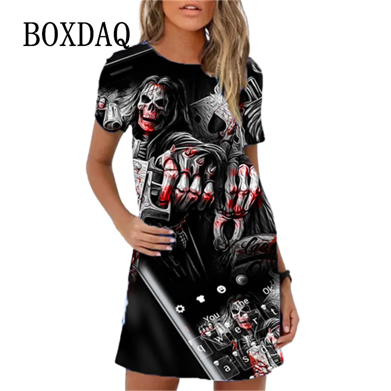 Fashion Skull 3D Print Women Dress Funny Horror Pattern Casual A -line Dress Summer 2023 New Short Sleeve O-Neck Ladies Sundress