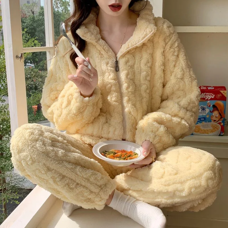 M-2XL Women's Coral Fleece Pajamas Set Winter Sleepwear Korean Solid Home Clothes Sweet Ins Thickened Zipper Cardigan Loungewear