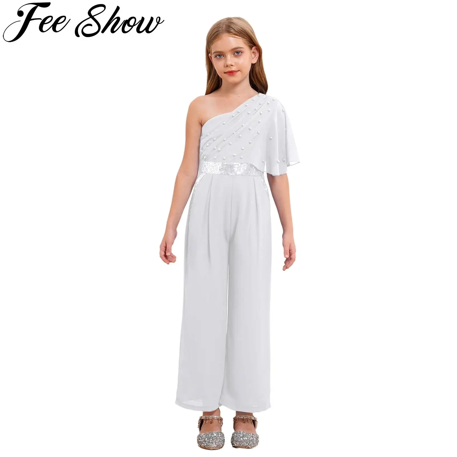 

Kid Girls Elegant Party Bodysuit One Shoulder Fake Pearls Sequin High Waist Wide Leg Romper for Evening Birthday Wedding Pageant