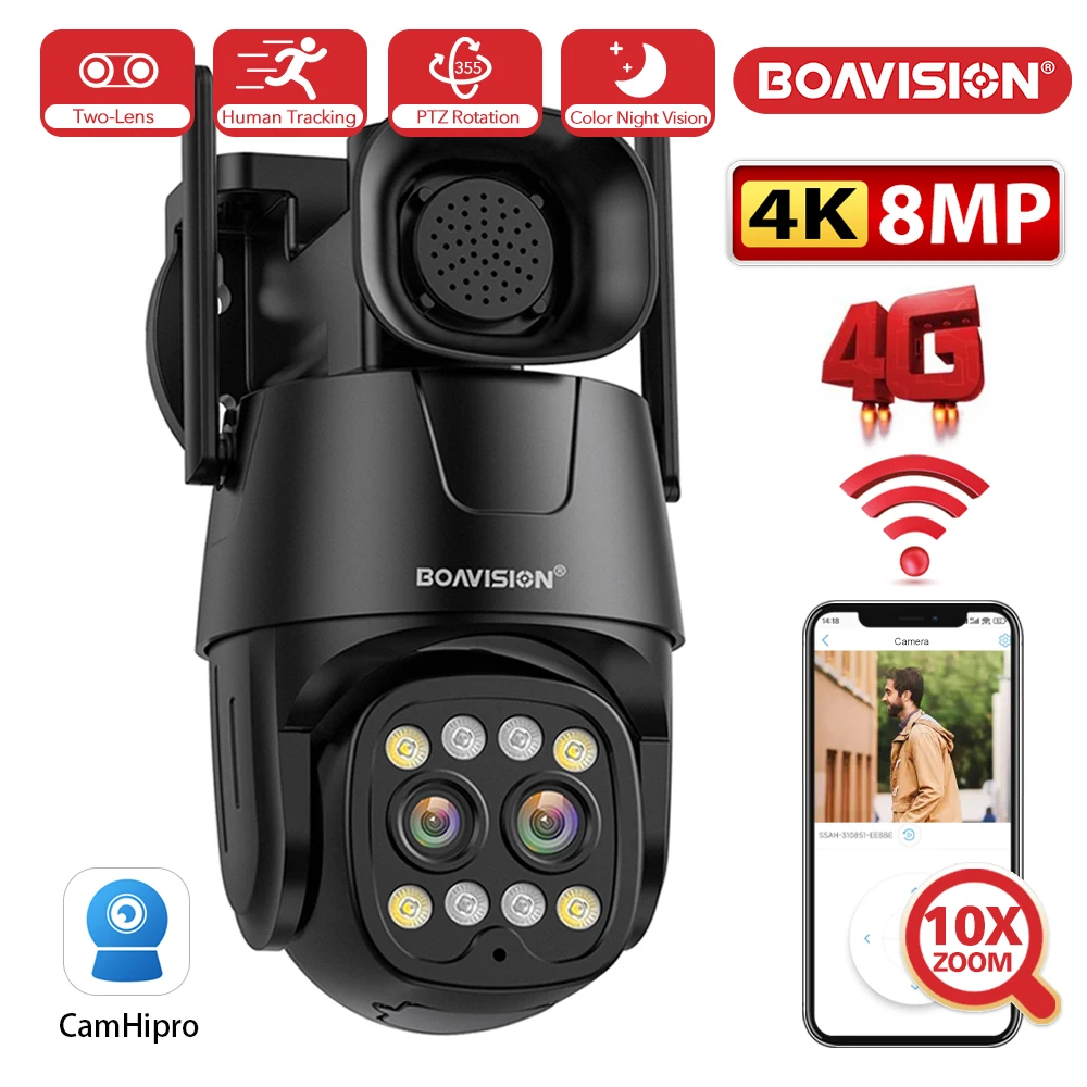 IP Camera Wifi/4G Sim Card PTZ 4MP 8MP Dual Lens 2.8mm-8mm 10X Zoom Outdoor AI Human Tracking Color Night Vision Security Camera