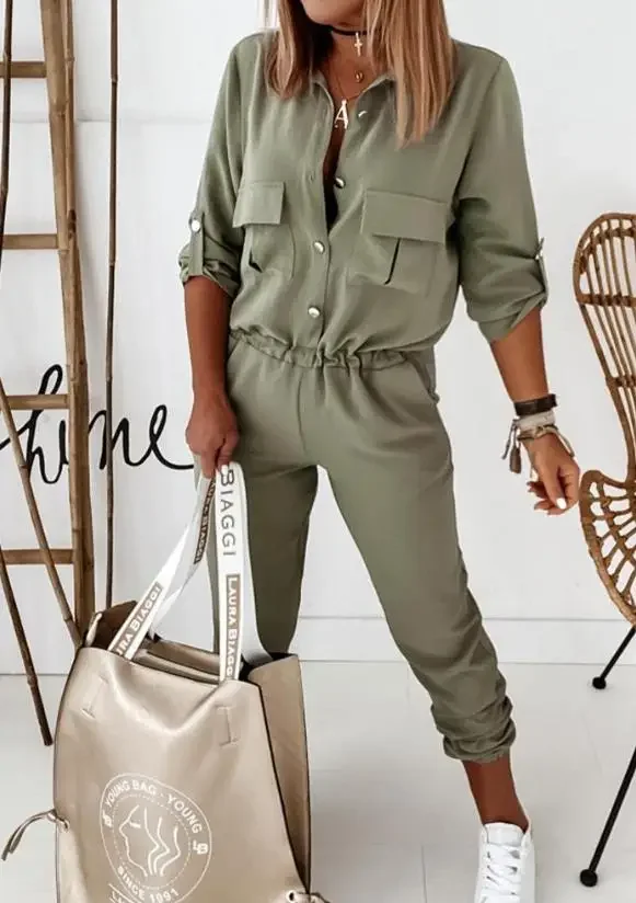 

Women's Jumpsuit Socket Button Design Long Sleevejumpsuit 2024 Spring/summer Latest Sporty Street Turn Down Collar Daily Romper