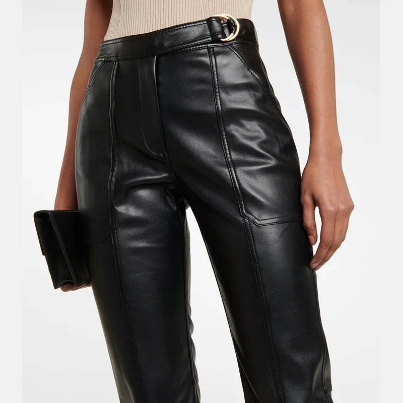 Women High Waist Faux Leather Pants Vintage Black Matte Stretch Cropped Pants with Pocket Ladies Slim Trousers Custom Clubwear
