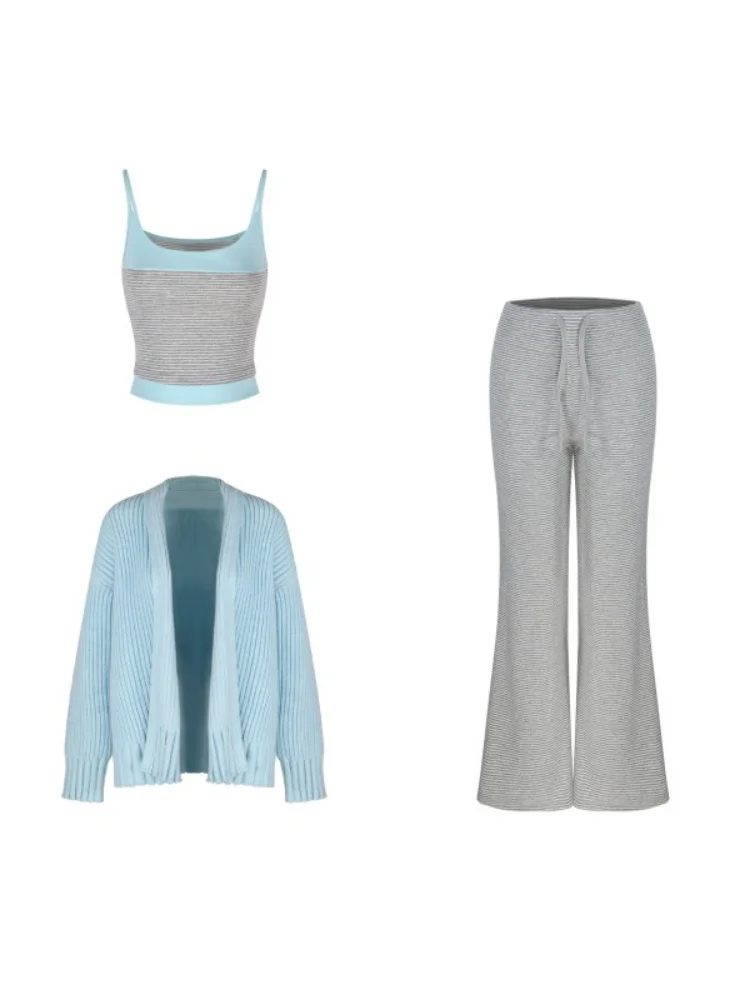 Senhoras casual sle coreano listrado camisola conjunto confortável v-ne longo sve calças de cintura alta faionable início do outono wear