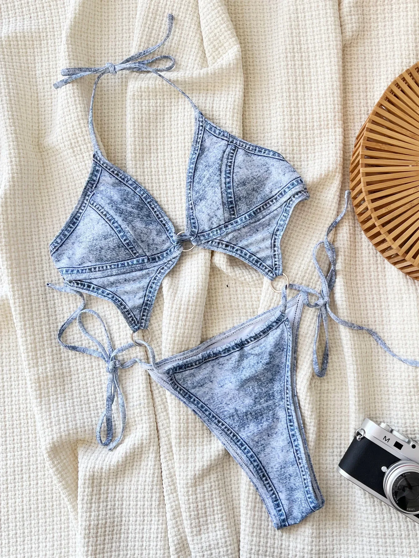 

Women Denim Print Metallic Swimsuit One Piece Halter Hollow Backless Bikini Swimwear Bathing Suit Beach Outfits Bodysuit Biquini
