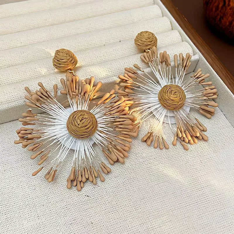 Fall Winter Handwoven Floral Raffia Earrings for Women Elegant Sweet Fashion Niche Accessory Unique Handmade Jewelry Ear Decor