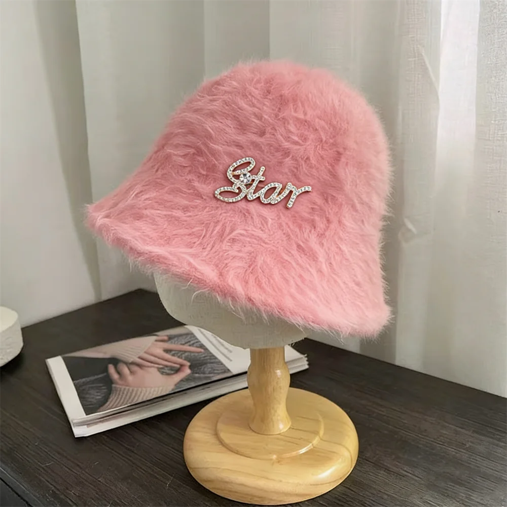 

Kawaii Fluffy Fur Bucket Hat with Rhinestone Angel Letter Women Winter Warm Plush Fisherman Cap Daily Casual Outdoor