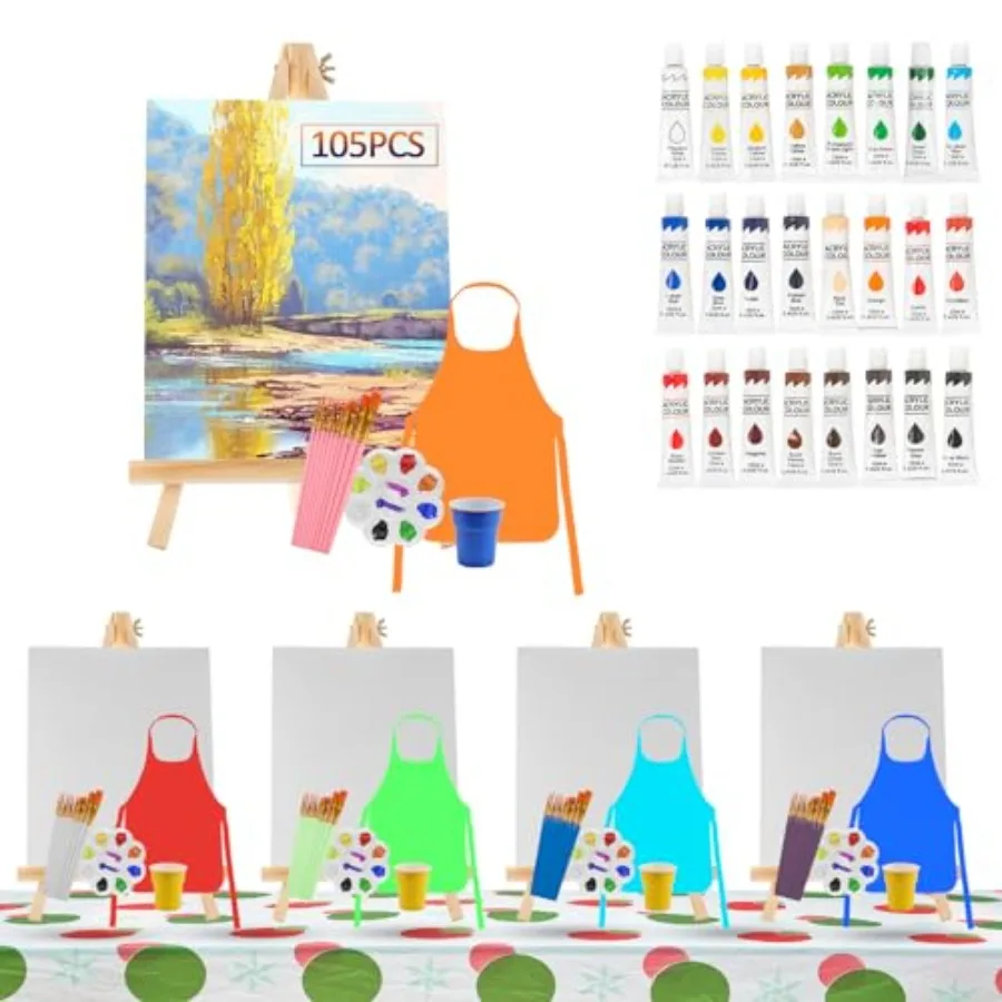 

Art Painting Supplies Set for to Party - 50 Paint Brushes, 24 Acrylic Paints, 5 Wood Easels and Canvas Panels and Palettes and