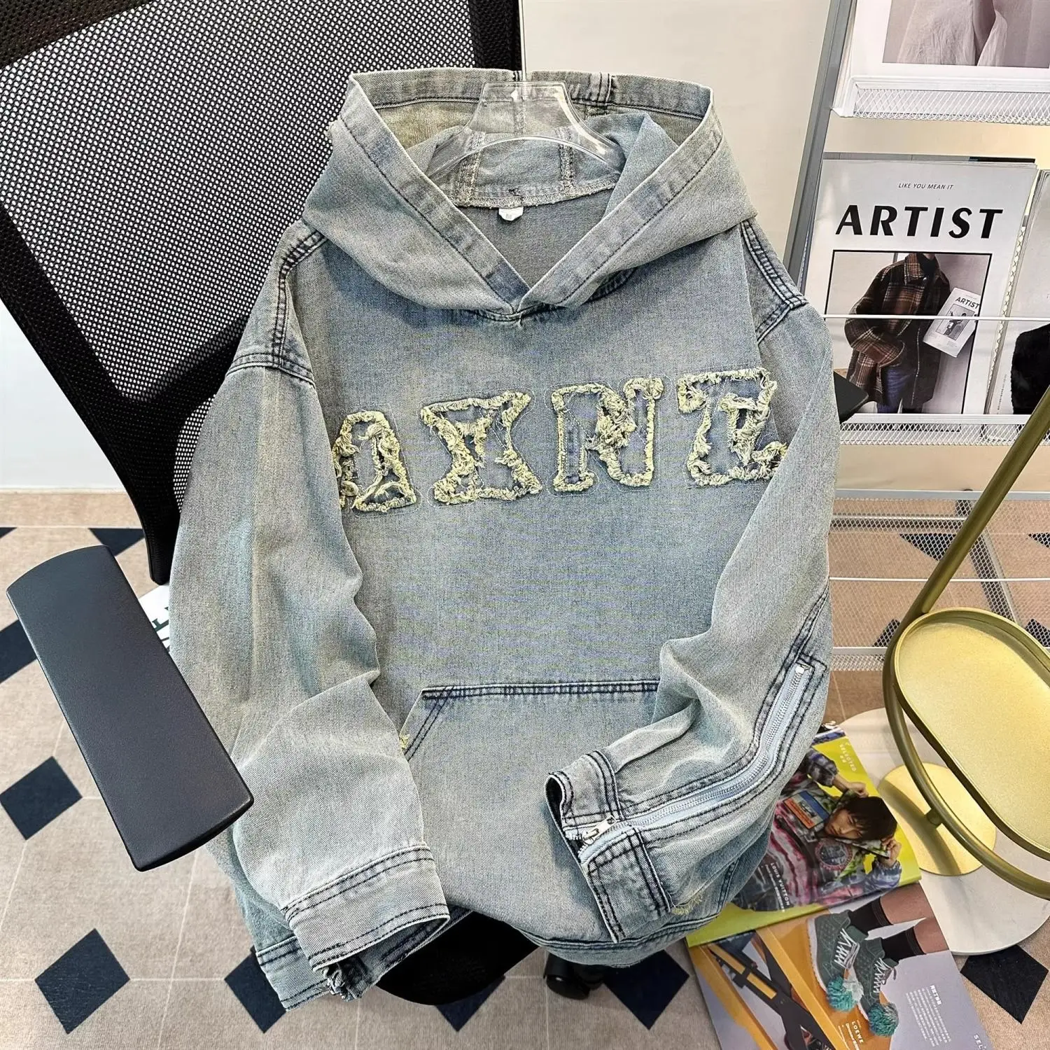 American large size designed ripped denim jacket autumn embroidered loose casual hooded sweatshirt women clpothing y2k tops