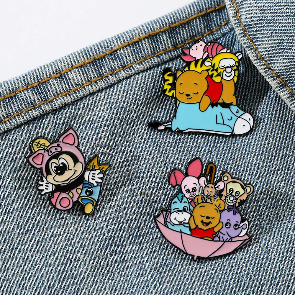 3 Pcs Cute cartoon creative personality European and American cartoon characters badge Winnie the Bear and Mickey Tigger brooch