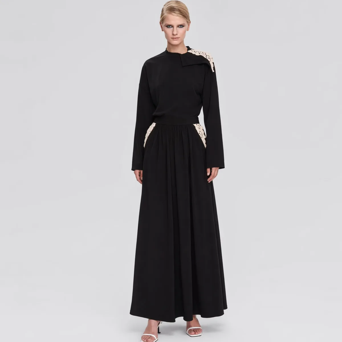 IG26 Women's Asymmetric Lace Patch Two Piece Outfit, Crew Neck Long Sleeve Loose Top & High Waist Pleated Maxi Skirt Elegant Set