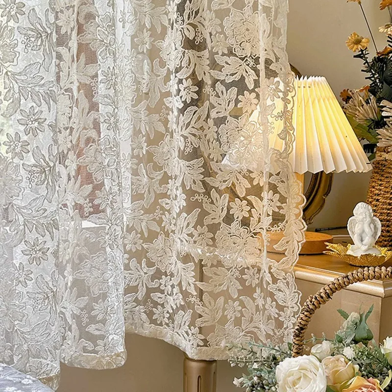 Romantic Yellow Lace Floral Sheer Curtain for Living Room Side Embroidery Voile Drape Kitchen Window Wedding Light Filtering