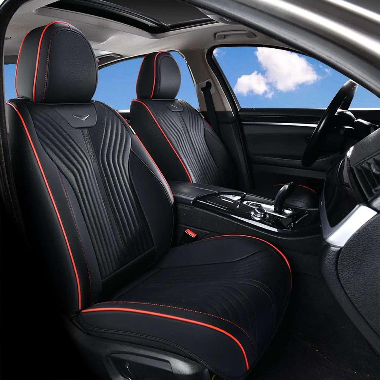 

Car Seat Covers, 2PCs Leather Covers, Black with Red Stitching, Car Cushion Full Coverage Cover Universal