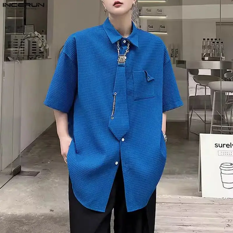 INCERUN الرجال قميص بلون التلبيب كم قصير زر ملابس الرجال عادية مع التعادل الشارع الشهير فضفاض بلوزات على الموضة الذكور القمصان #1