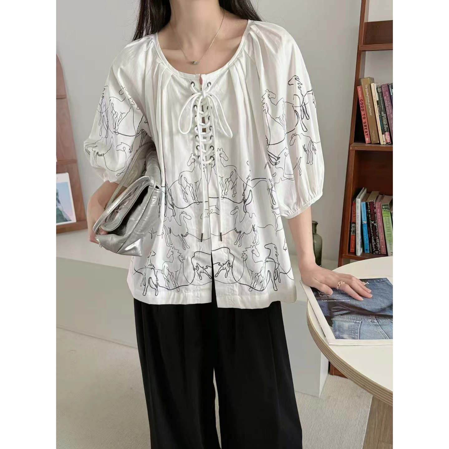 

Loose Lantern Sleeve Blouse Women Casual Button Shirt lace up tops
