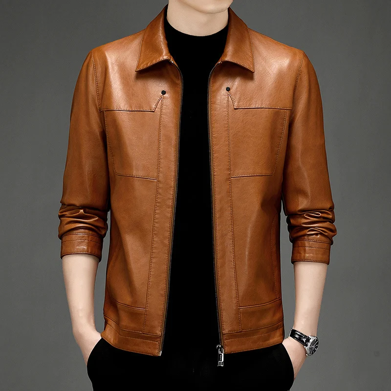 men's Haining leather clothes spring and autumn new leather jacket lapel casual coat trend motorcycle clothes