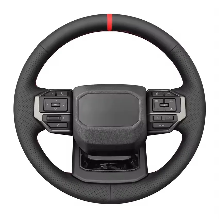 

Чехол на руль из черной кожи с красной строчкой ручной работы для Toyota Land Cruiser 2024-2025