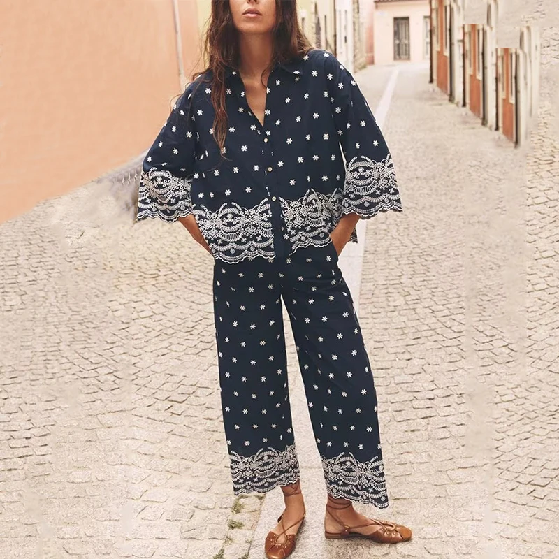 Mode Stickerei Hemd 2 Stück Set Frauen 2025 Neue Frühling Herbst Langarm Revers Hemd + Hohe Taille Lose Breite bein Hosen