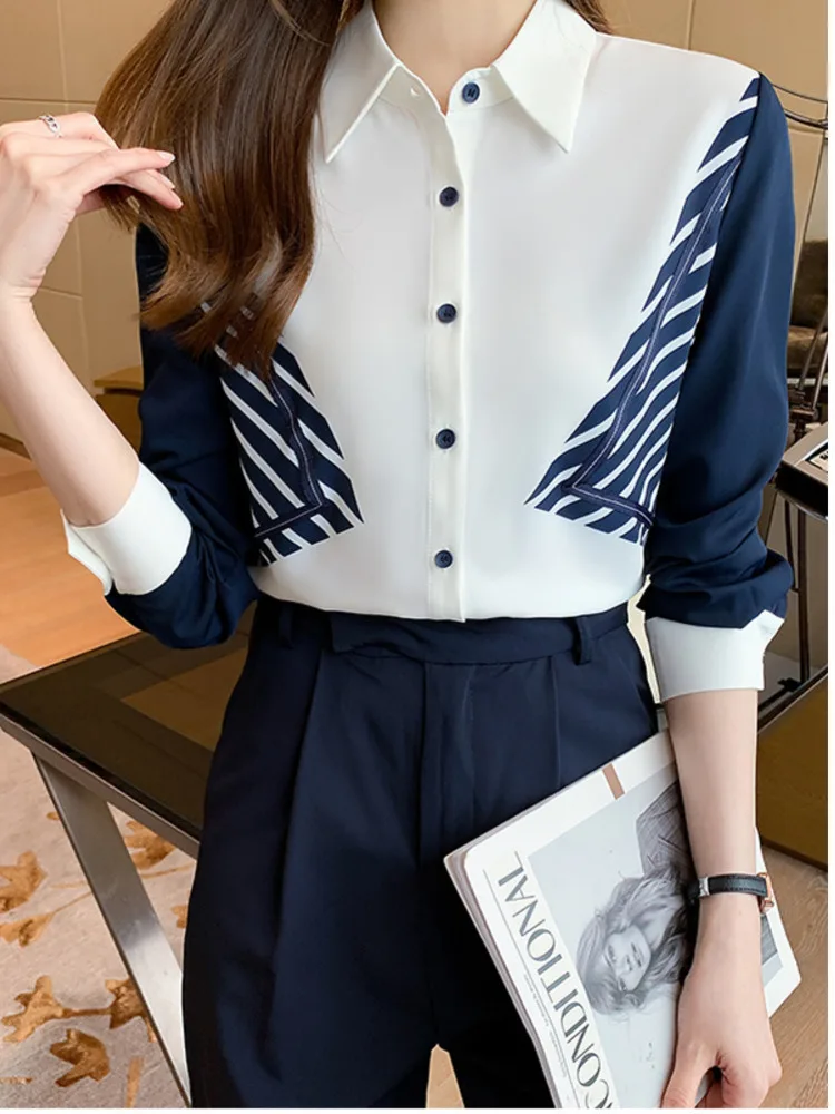 #3142 Womens Tops And Blouses Long Sleeve Spliced Color Slim Office Shirt Single Breasted Chiffon Shirts Elegant Woman Clothes