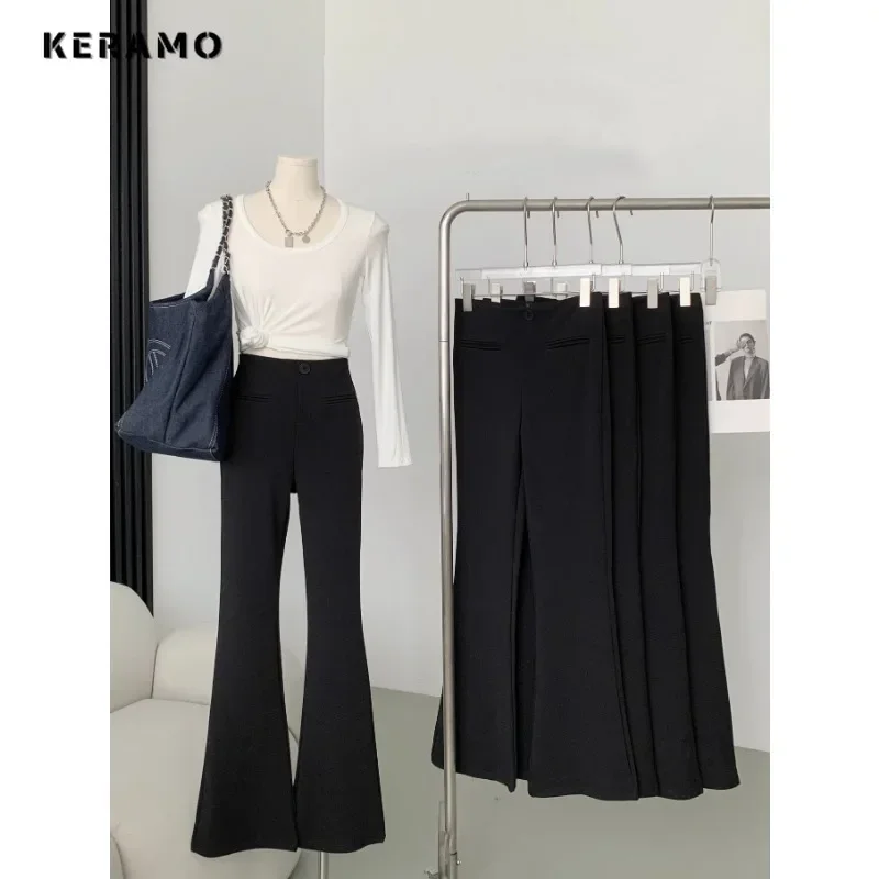 2024 Autumn Office Lady Casual High Waist Slim Fit Flared Pants Winter Women's Fashion Sheath Black Full Length Trousers