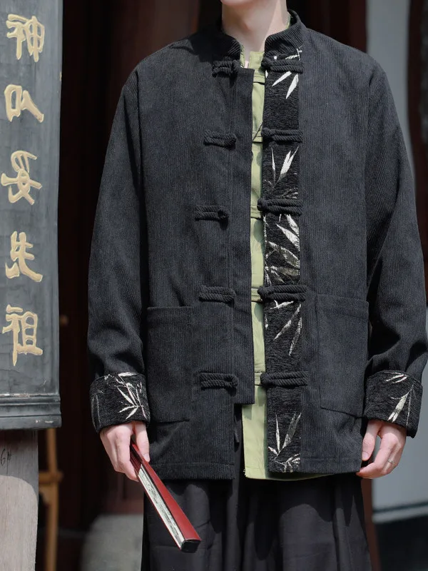 

Retro Artistic Men's Corduroy Tang Suit Jaet Color Blo Button up Tea Zen Sle Casual Loose Fit Breathable Autumn Outerwear