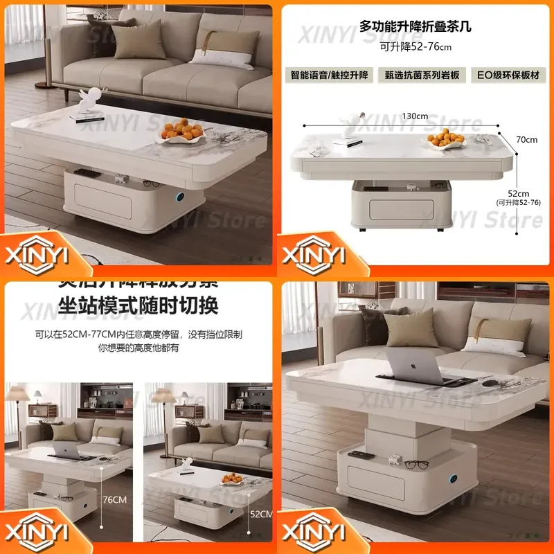 Electric Lift Table for Tea Coffee Dining Folding Multifunction Movable Rock Slab Furniture Adjustable Height Desk Home