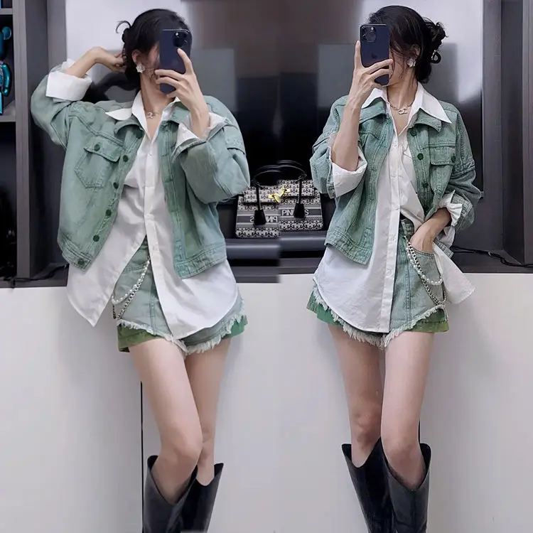 

Autumn American Style Avocado Green Tie Dye Denim Jacket for Women Cropped Loose Fit Trendy Statement Outerwear for Street Style