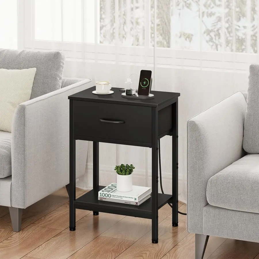 Black Nightstand with Charging Station, End Table with Fabric Drawer, Small Side Table with 2Tier Storage Shelves, 25.4 Tall Be