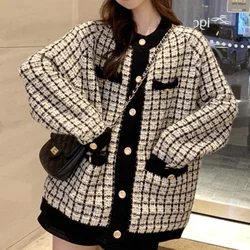 Autumn 2025 New Vintage Plaid Sweater Coat Women Korean Casual Ladies Long Sleeve Single Breasted Loose Knitted Cardigan Jackets