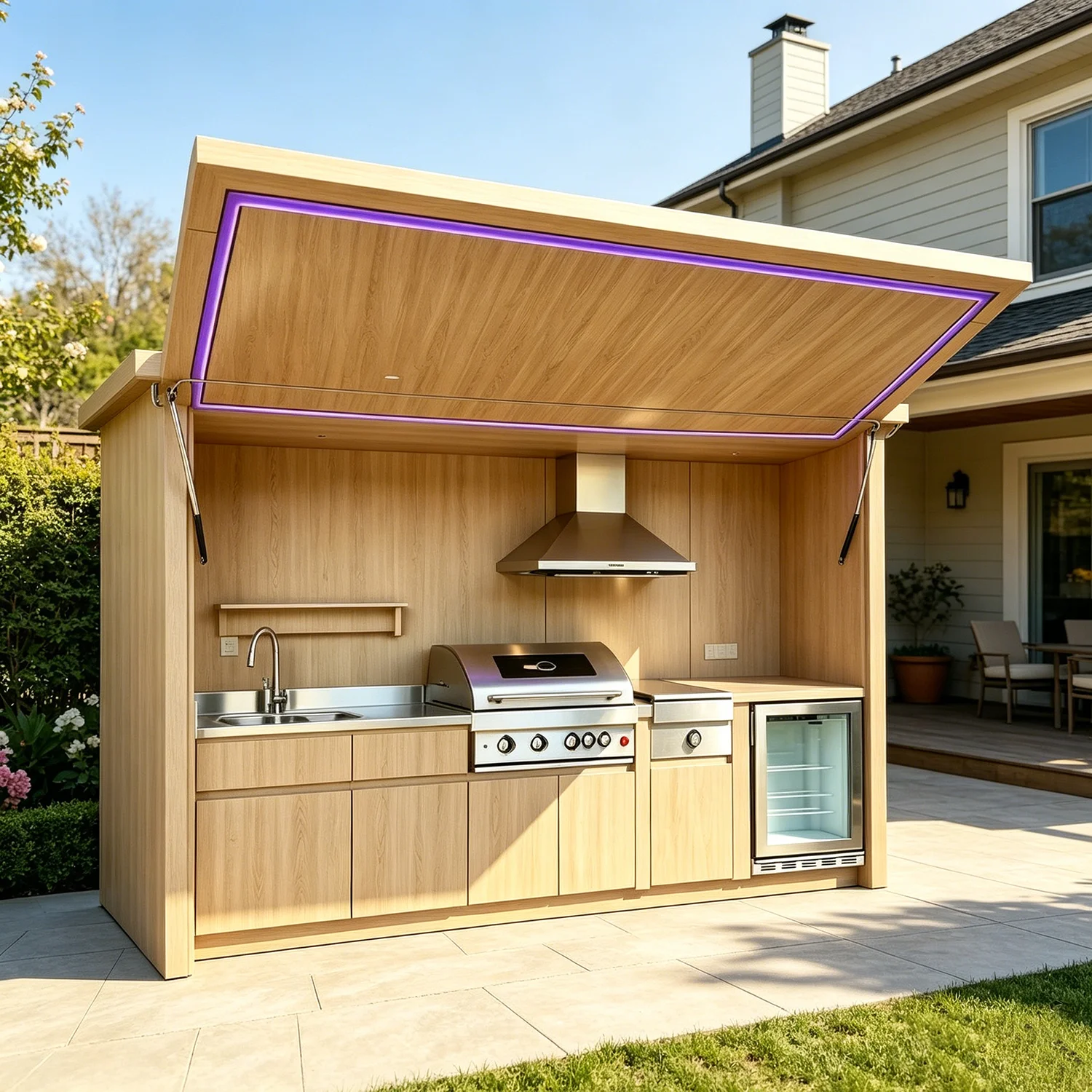 2026 Top Outdoor Kitchen Design, Aluminum Cabinet with Sun Shade, Complete Cookware Set & Durable Motorized Door for Garden