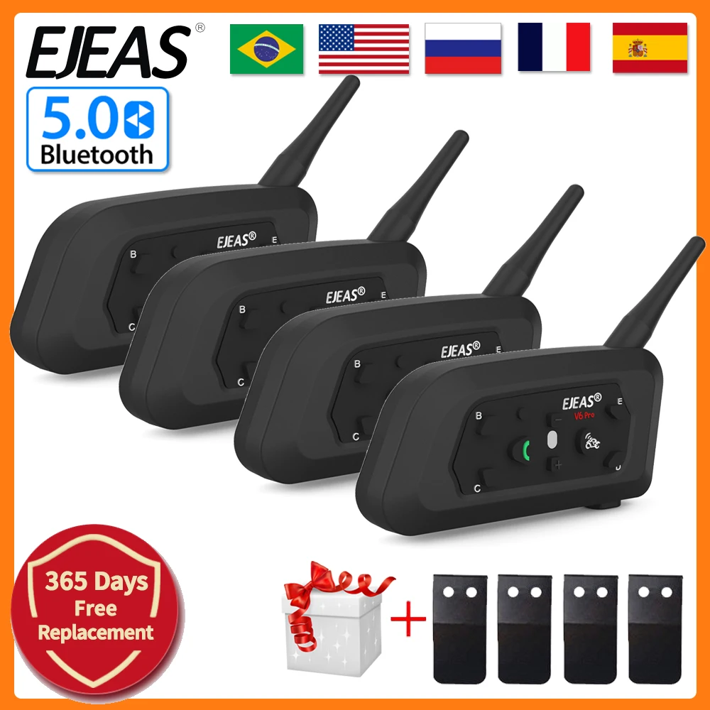 

4PCS EJEAS V6 Pro Motorcycle Helmet Intercom Bluetooth Interphone Full Duplex Communicator for 6 Riders with FM Ridao Waterproof