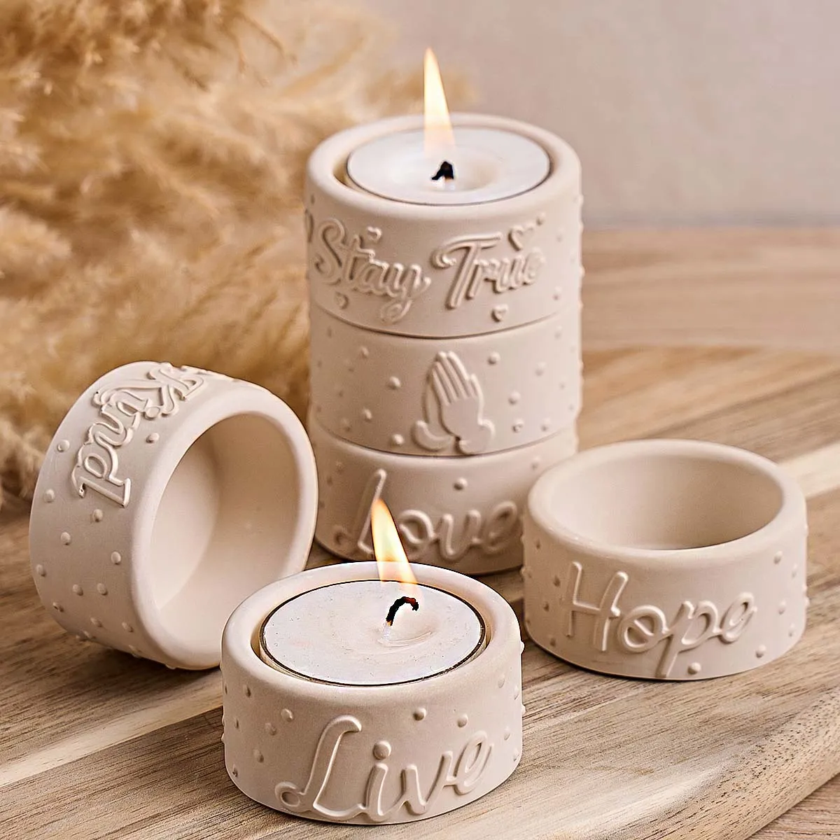 

Four Holes Candle Cup Silicone Mold DIY Creative Embossed English Words Hand Gestures Polka Dot Candle Holder Mold Plaster Craft