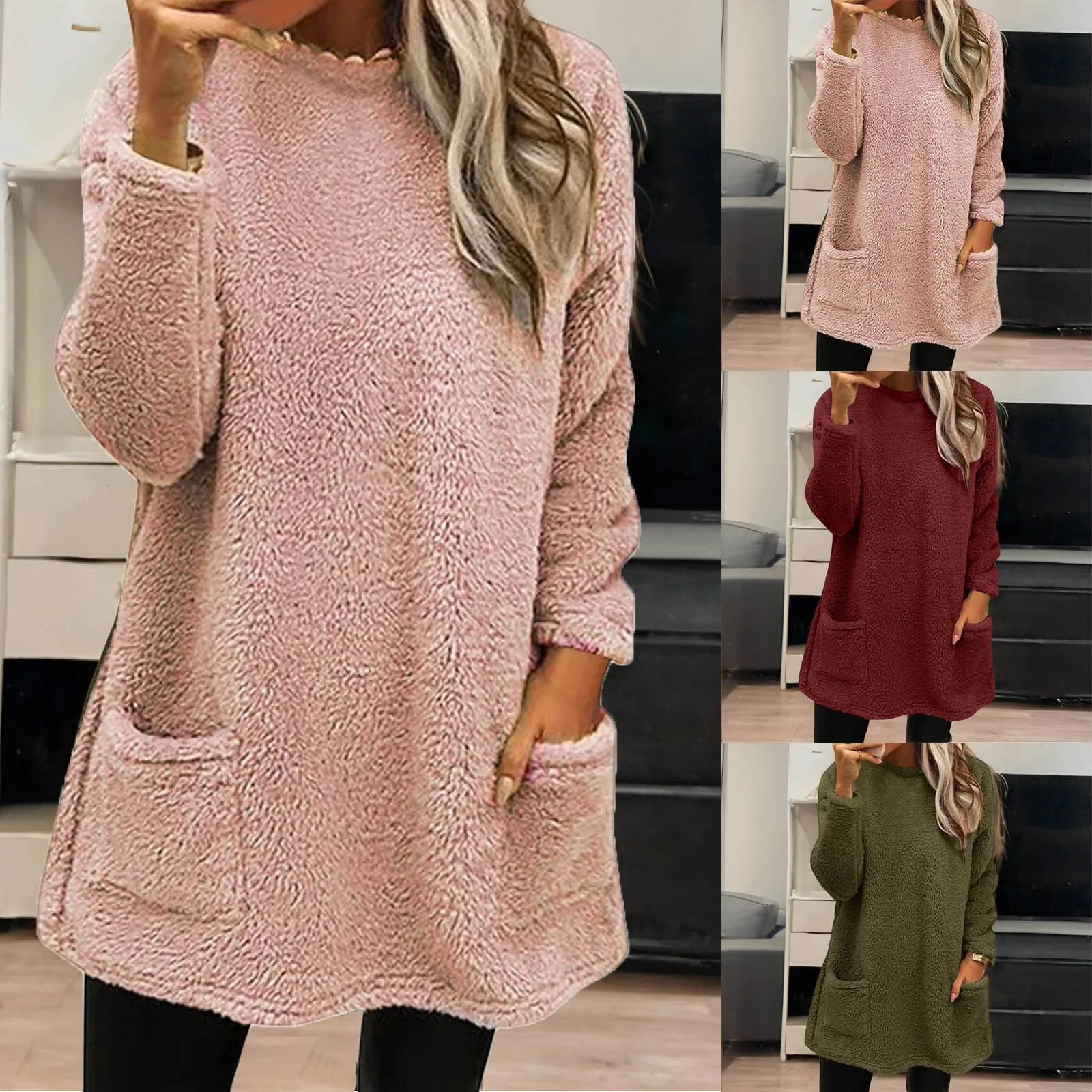 Autumn Winter Women Pullover Warm Plush Hoodie Half-high Collar Sweatshirt With Pockets Cozy Tops Female Loose Double Fleece Top