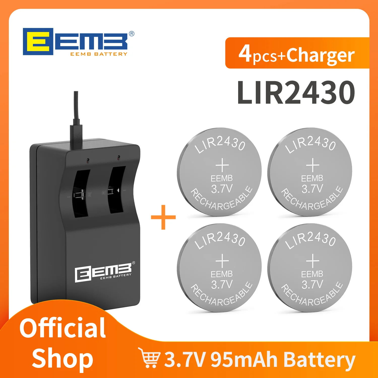 EEMB LIR2430 3.7V 95mAh Button Battery Rechargeable With Charger Lithium-ion Battery Coin Cell for Earphone ithium-ion Battery