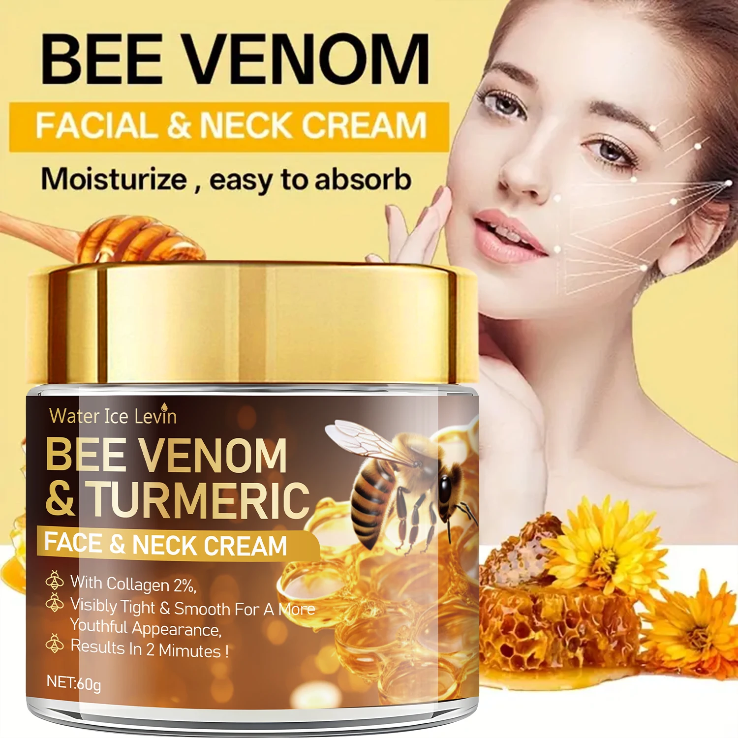 Crema Facial y para el Cuello Water Ice Levin con Veneno de Abeja y Cúrcuma, Hidratante, Reafirmante, Suavizante, con Colágeno al 2%, Apariencia Juvenil, Fácil Absorción