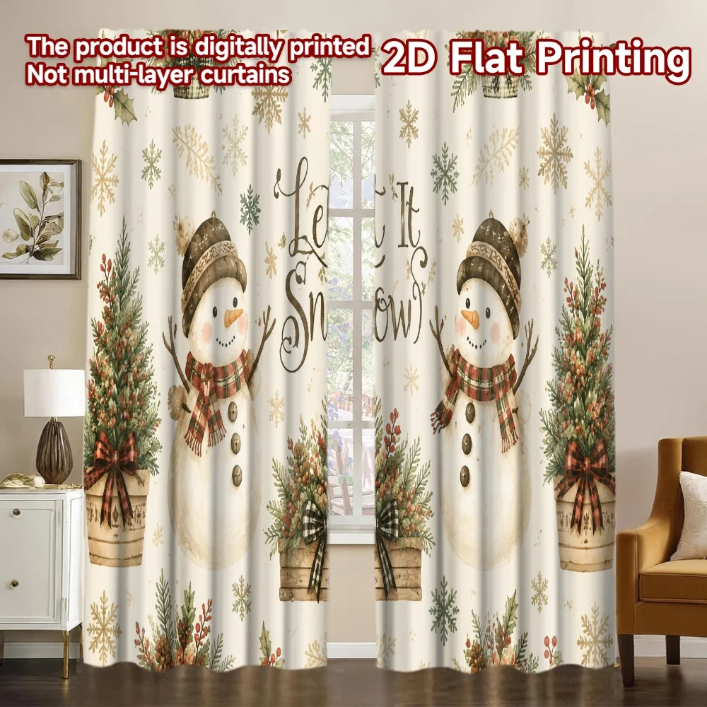 2D FLAT PRINTING 2pcs Curtains (Without Rod) Christmas Snowman Scene Light Filtering Popular Curtains Machine Washable Fabric