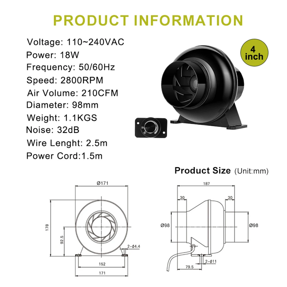 EC Inline Duct Ventilation Fan 4 Inch Smoke Exhaust Fan With Variable Speed ​​Controller For Mushroom Grow Tent Ventilation