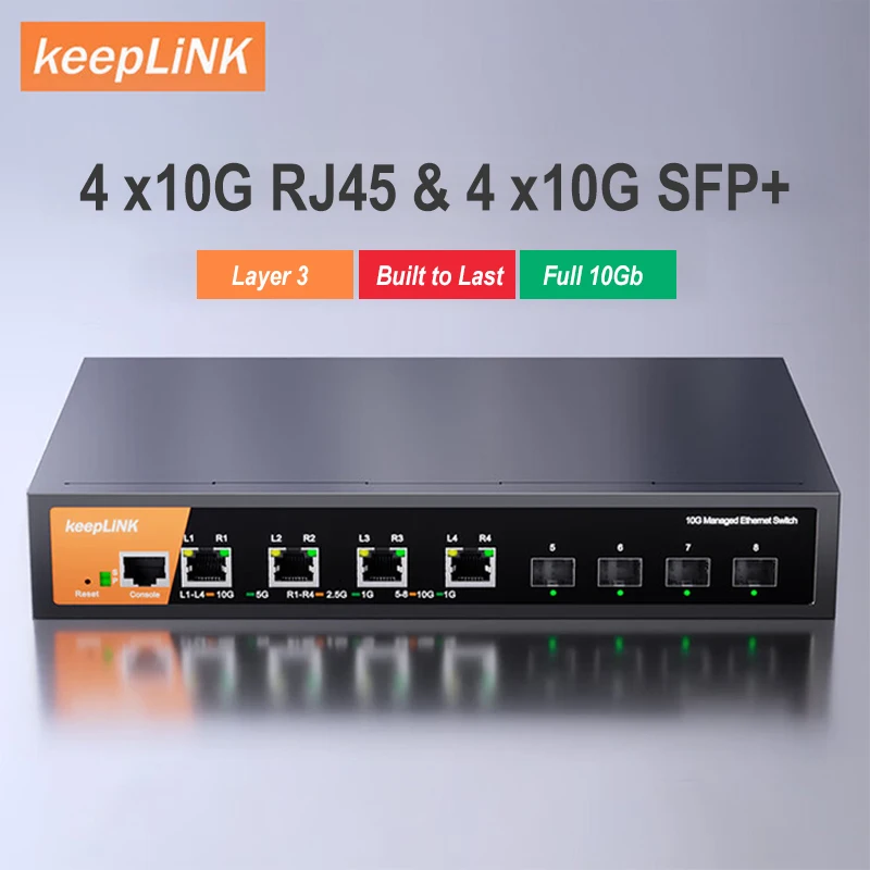 KeepLiNK Switch gerenciado de 8 portas 10 Gbps camada 3 com 4 x 10G Base-T RJ45 e 4 x SFP + para estação de trabalho NAS de escritório de laboratório doméstico