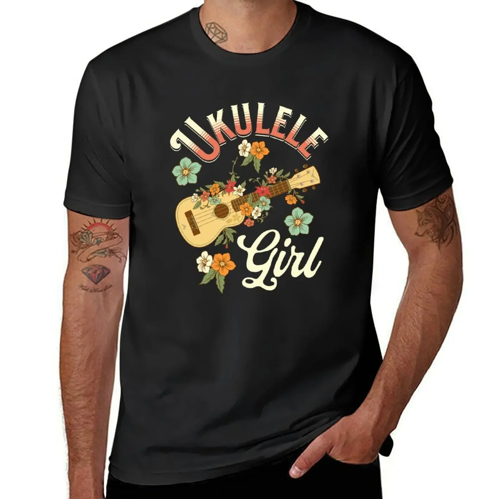 Ukulele Girl Vintage Ukulele Hawaiian Flowers Hawaiian Music Ukulele Player T-Shirt anime t shirts shirts men graphic