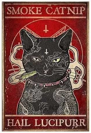 Vintage Tin Sign Cat Lover Gift Funny Cat Metal Poster Cat Meow Poster Smoke Catnip Poster Home Wall Art Decoration Retro Metal